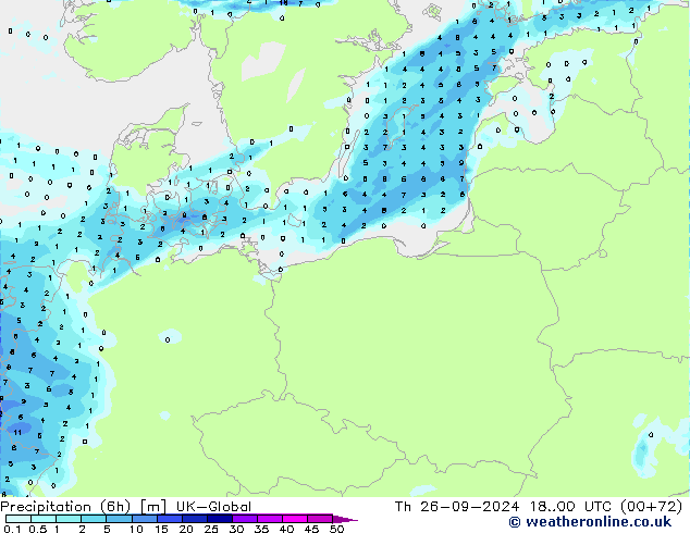 Precipitazione (6h) UK-Global gio 26.09.2024 00 UTC