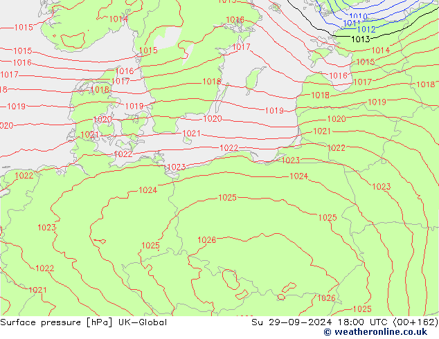 Pressione al suolo UK-Global dom 29.09.2024 18 UTC