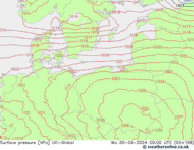 Surface pressure UK-Global Mo 30.09.2024 00 UTC