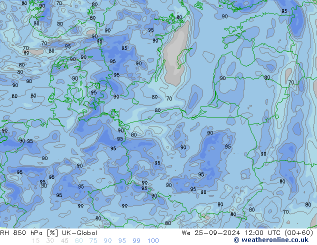 850 hPa Nispi Nem UK-Global Çar 25.09.2024 12 UTC