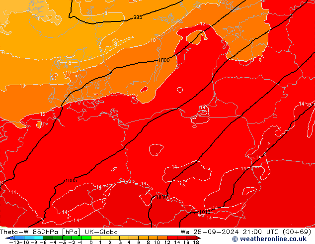 Theta-W 850hPa UK-Global We 25.09.2024 21 UTC
