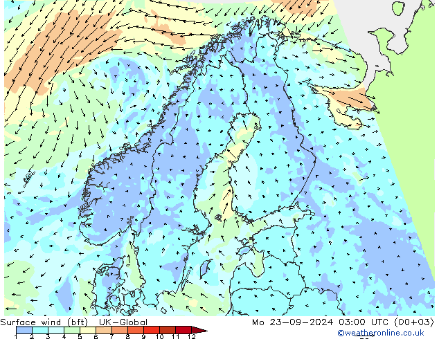 Surface wind (bft) UK-Global Mo 23.09.2024 03 UTC