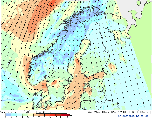 Viento 10 m (bft) UK-Global mié 25.09.2024 12 UTC