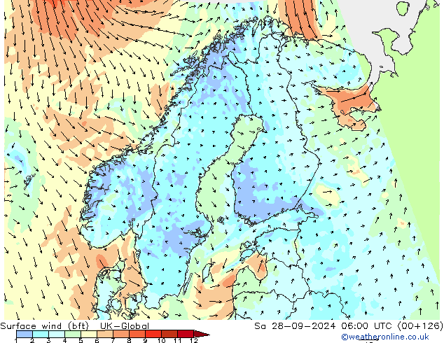 Surface wind (bft) UK-Global Sa 28.09.2024 06 UTC