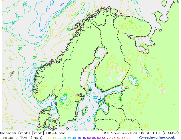 Isotachs (mph) UK-Global We 25.09.2024 09 UTC