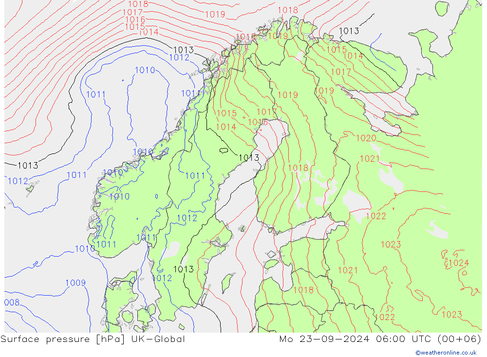 Surface pressure UK-Global Mo 23.09.2024 06 UTC