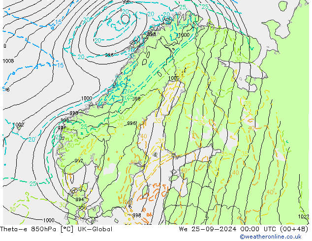 Theta-e 850hPa UK-Global We 25.09.2024 00 UTC