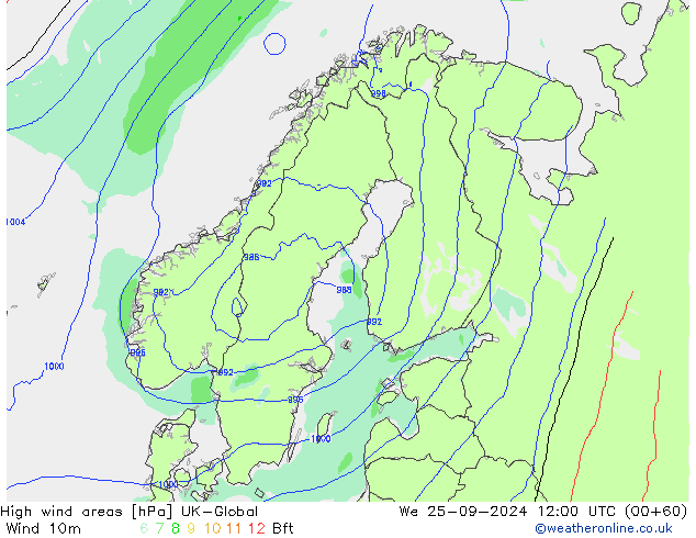 High wind areas UK-Global 星期三 25.09.2024 12 UTC