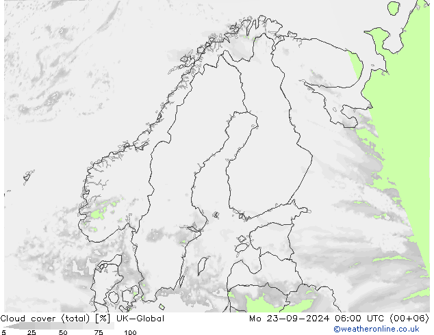 Cloud cover (total) UK-Global Mo 23.09.2024 06 UTC