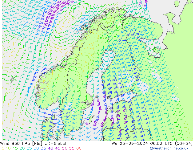 Vento 850 hPa UK-Global Qua 25.09.2024 06 UTC