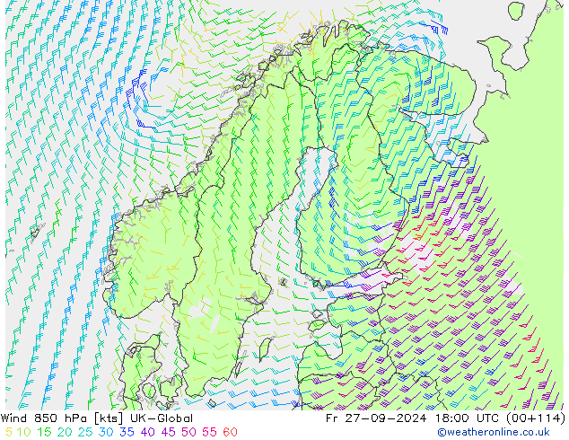 Vento 850 hPa UK-Global Sex 27.09.2024 18 UTC