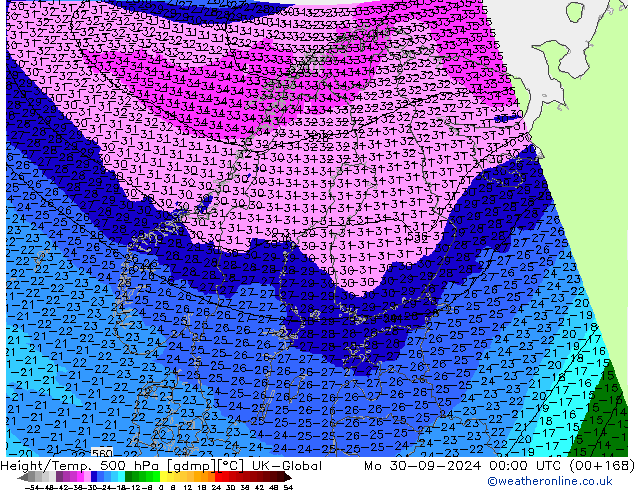 Hoogte/Temp. 500 hPa UK-Global ma 30.09.2024 00 UTC