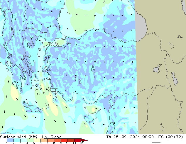 Viento 10 m (bft) UK-Global jue 26.09.2024 00 UTC