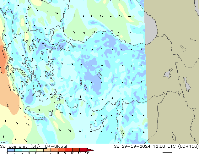 Surface wind (bft) UK-Global Su 29.09.2024 12 UTC