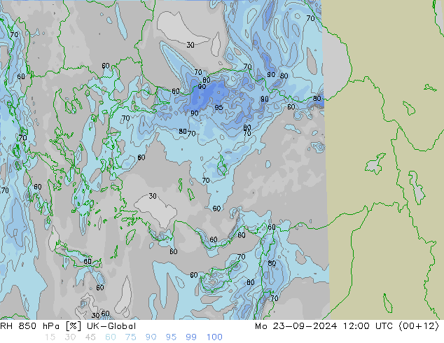 RH 850 гПа UK-Global пн 23.09.2024 12 UTC