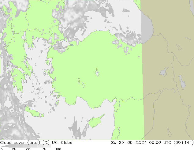 Cloud cover (total) UK-Global Su 29.09.2024 00 UTC