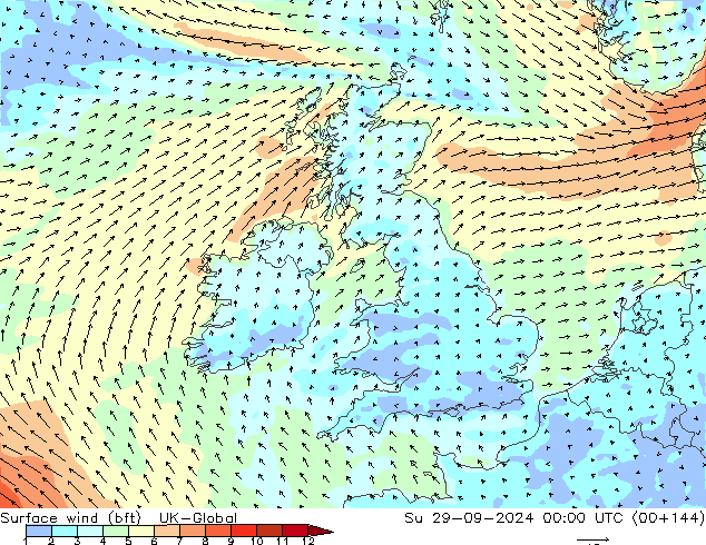 Vento 10 m (bft) UK-Global Dom 29.09.2024 00 UTC