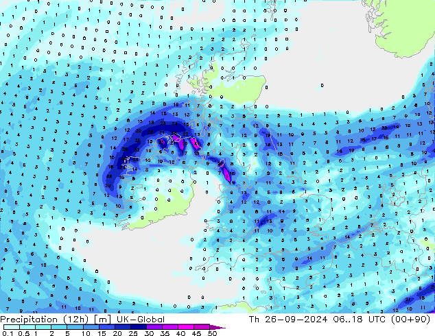 Yağış (12h) UK-Global Per 26.09.2024 18 UTC