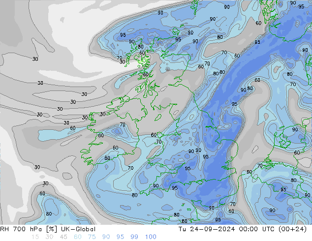 RH 700 гПа UK-Global вт 24.09.2024 00 UTC