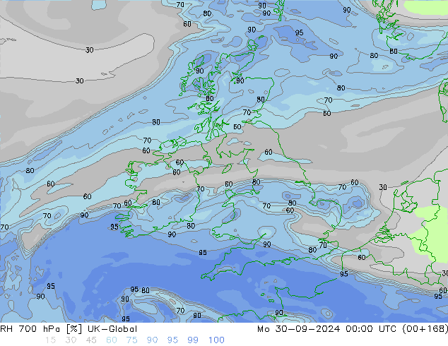 RH 700 гПа UK-Global пн 30.09.2024 00 UTC