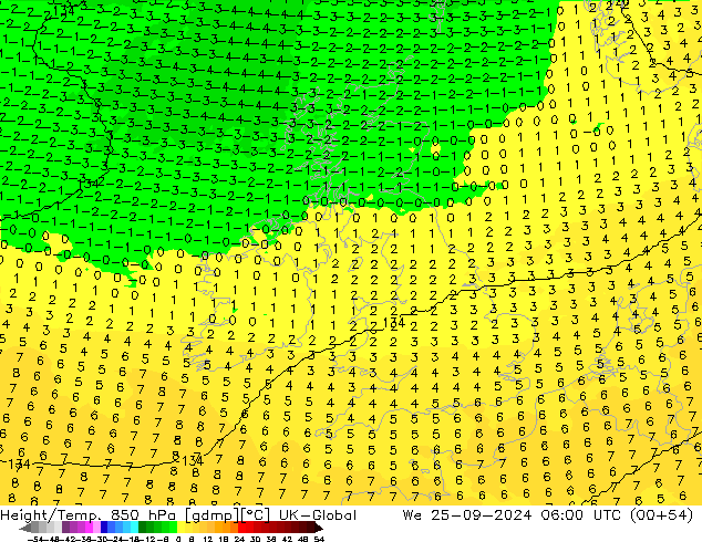 Hoogte/Temp. 850 hPa UK-Global wo 25.09.2024 06 UTC