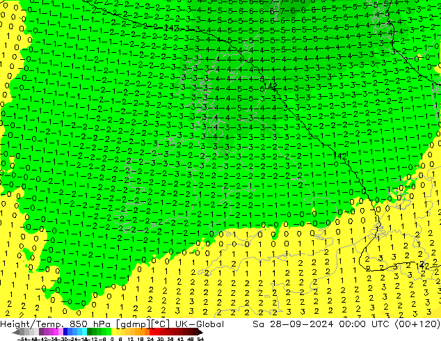 Height/Temp. 850 гПа UK-Global сб 28.09.2024 00 UTC