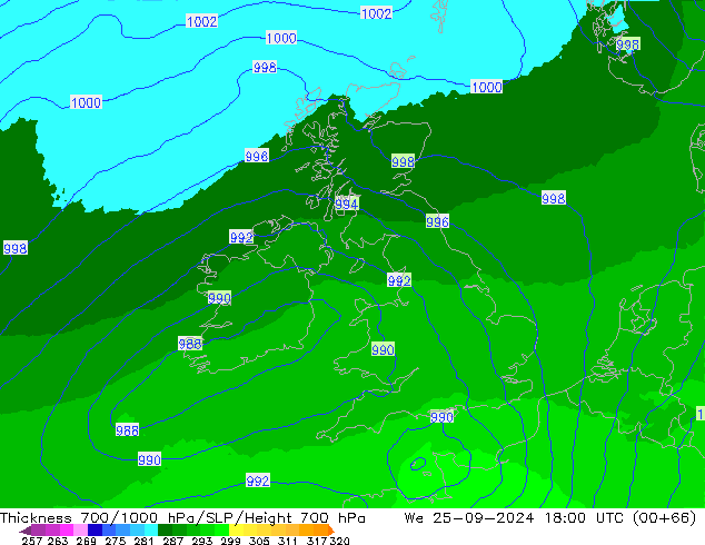 Thck 700-1000 hPa UK-Global mer 25.09.2024 18 UTC