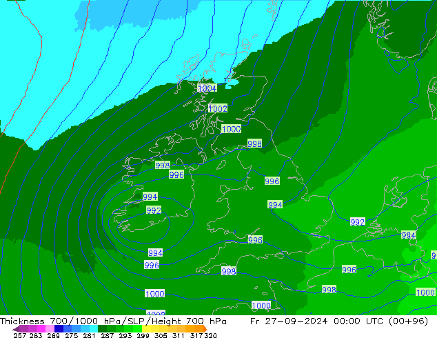 Thck 700-1000 hPa UK-Global Fr 27.09.2024 00 UTC