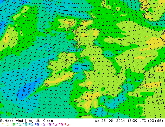 Vent 10 m UK-Global mer 25.09.2024 18 UTC