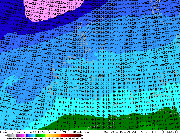 Height/Temp. 500 hPa UK-Global We 25.09.2024 12 UTC