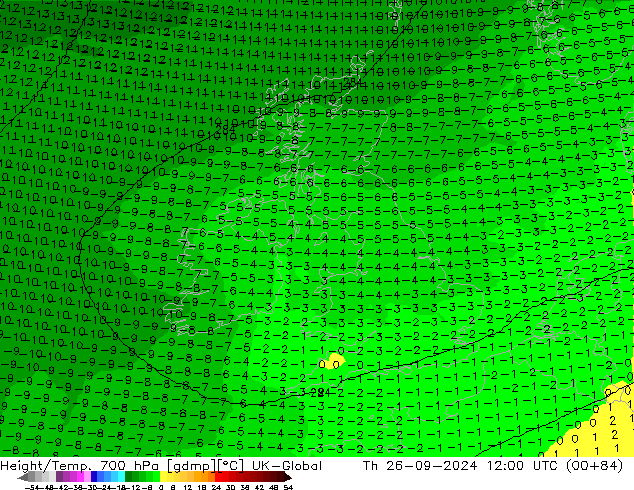 Height/Temp. 700 hPa UK-Global Th 26.09.2024 12 UTC