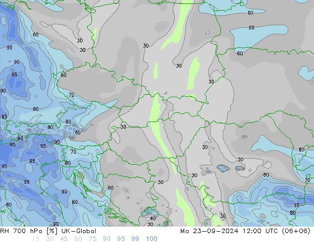 RH 700 гПа UK-Global пн 23.09.2024 12 UTC