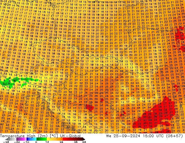 Nejvyšší teplota (2m) UK-Global St 25.09.2024 15 UTC