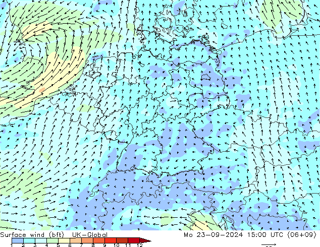 Rüzgar 10 m (bft) UK-Global Pzt 23.09.2024 15 UTC