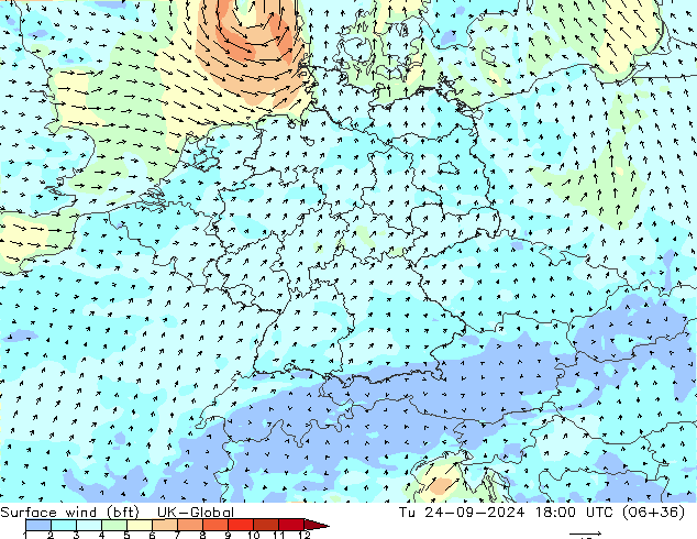 Vent 10 m (bft) UK-Global mar 24.09.2024 18 UTC