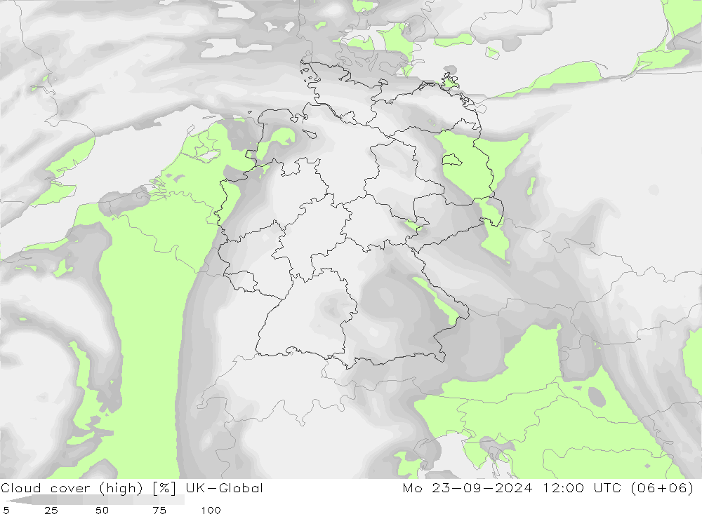 Cloud cover (high) UK-Global Mo 23.09.2024 12 UTC