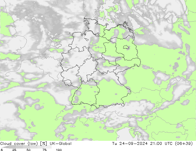 Bewolking (Laag) UK-Global di 24.09.2024 21 UTC