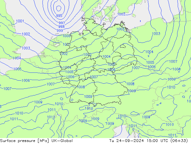 Surface pressure UK-Global Tu 24.09.2024 15 UTC