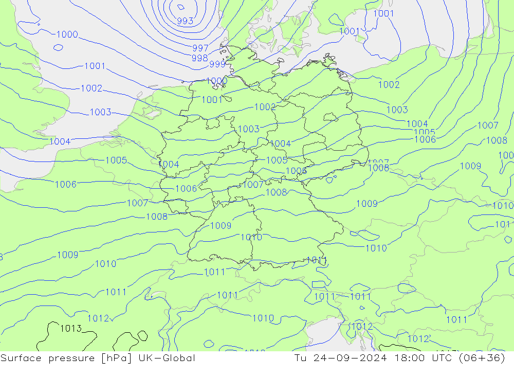 Surface pressure UK-Global Tu 24.09.2024 18 UTC