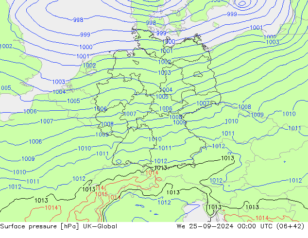 Pressione al suolo UK-Global mer 25.09.2024 00 UTC