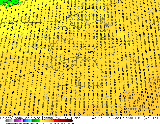 Height/Temp. 850 hPa UK-Global Mi 25.09.2024 06 UTC