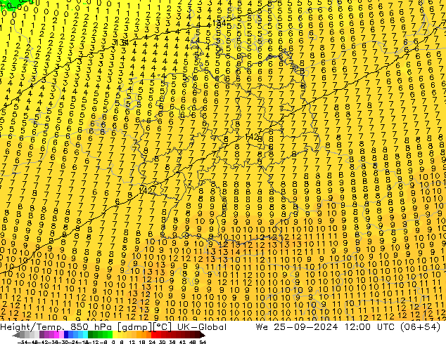 Height/Temp. 850 hPa UK-Global  25.09.2024 12 UTC