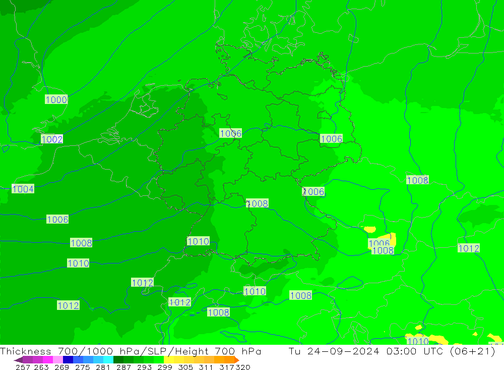 Thck 700-1000 hPa UK-Global mar 24.09.2024 03 UTC