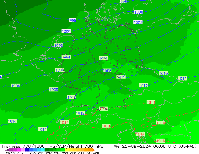 Thck 700-1000 hPa UK-Global We 25.09.2024 06 UTC