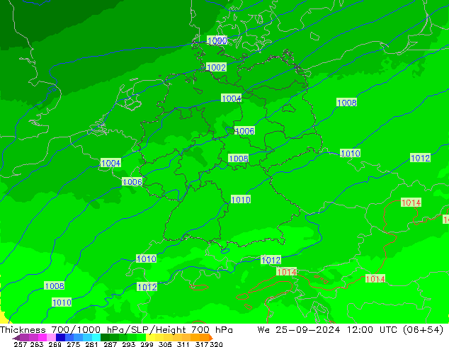 Thck 700-1000 hPa UK-Global We 25.09.2024 12 UTC