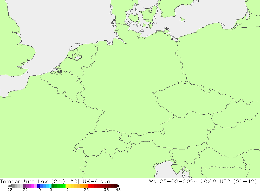 Min.temperatuur (2m) UK-Global wo 25.09.2024 00 UTC