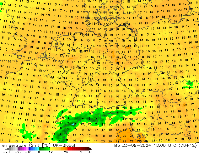 Temperatuurkaart (2m) UK-Global ma 23.09.2024 18 UTC