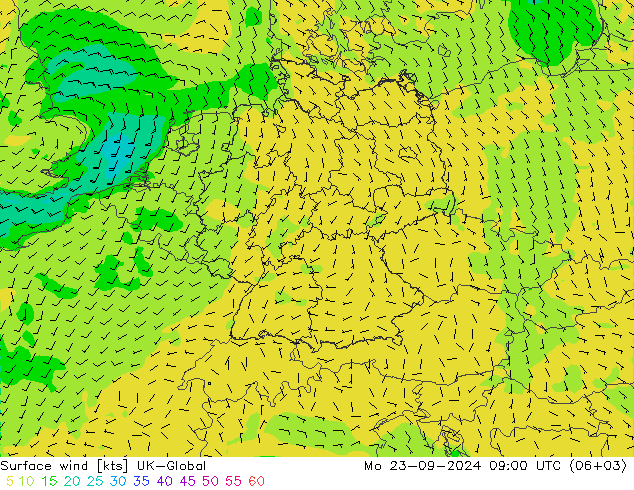 Viento 10 m UK-Global lun 23.09.2024 09 UTC