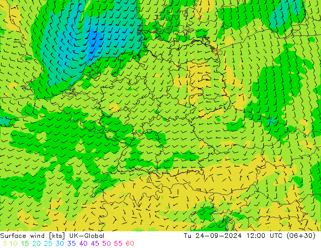 Viento 10 m UK-Global mar 24.09.2024 12 UTC