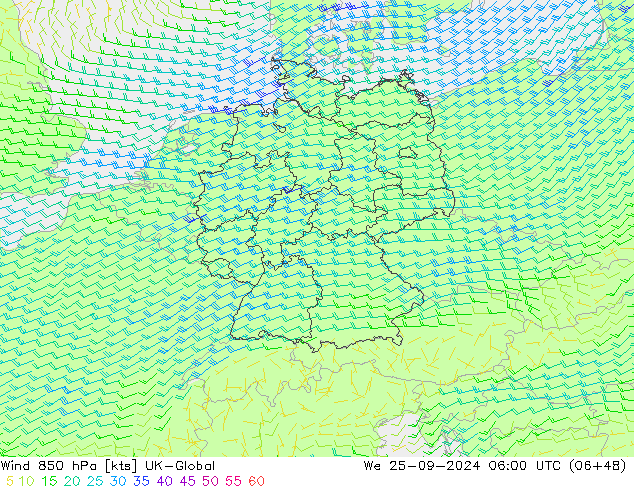 Wind 850 hPa UK-Global We 25.09.2024 06 UTC